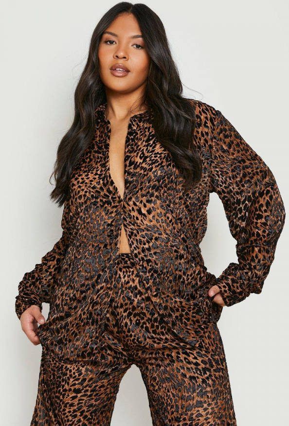 boohoo Plus Oversized Luipaardprint Devore Strand Blouse, Brown