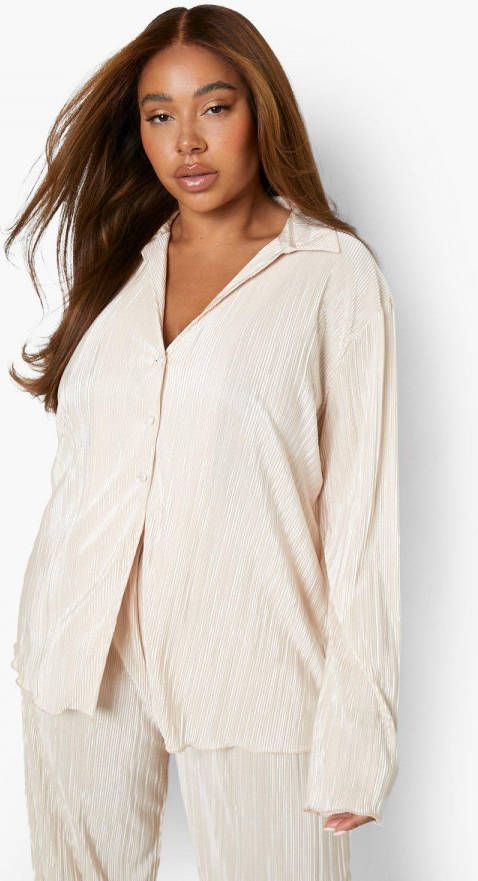 boohoo Plus Oversized Plisse Blouse, Stone