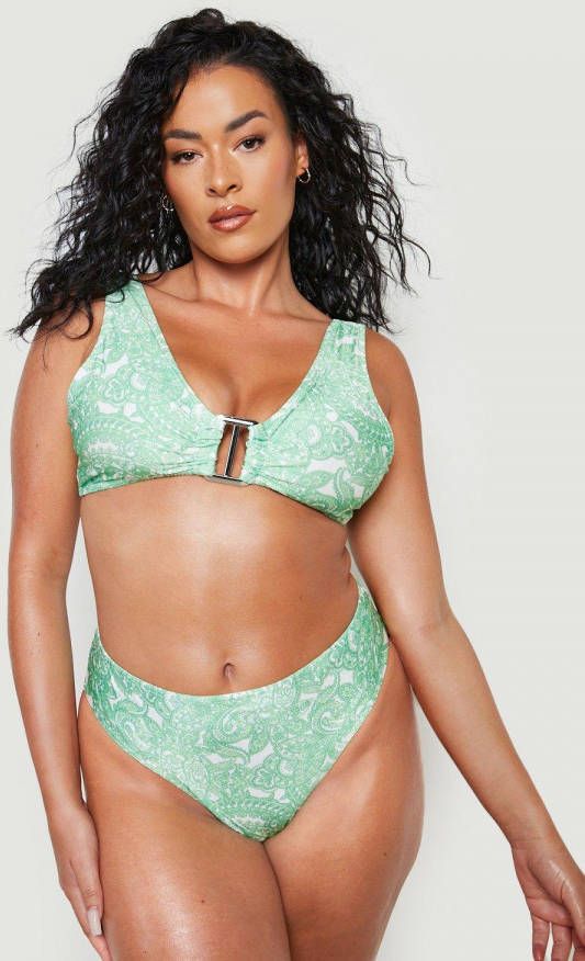 boohoo Plus Paisley Bikini Top Met Ring Detail En Laag Decolleté,, Green