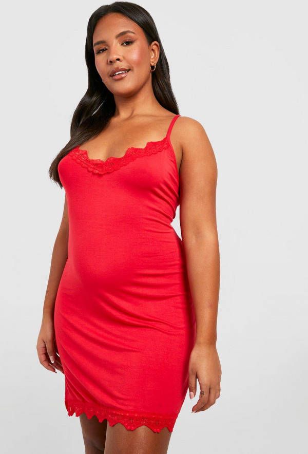 boohoo Plus Slaapjurkje Met Kanten Zoom, Red