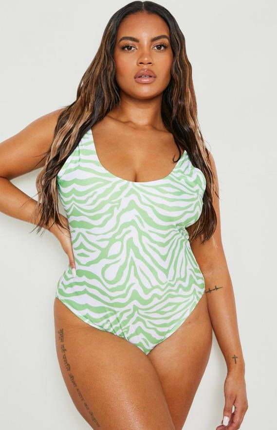 boohoo Plus Zebraprint Badpak Met Lage Ronde Hals, Lime
