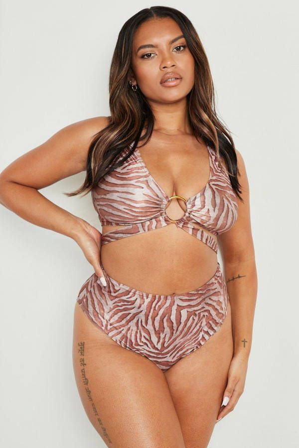 boohoo Plus Zebraprint Bikini Met O Ring, Brown