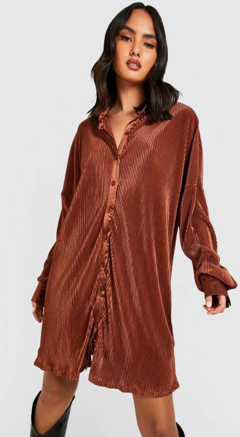 boohoo Premium Plisse Blouse Jurk, Chocolate