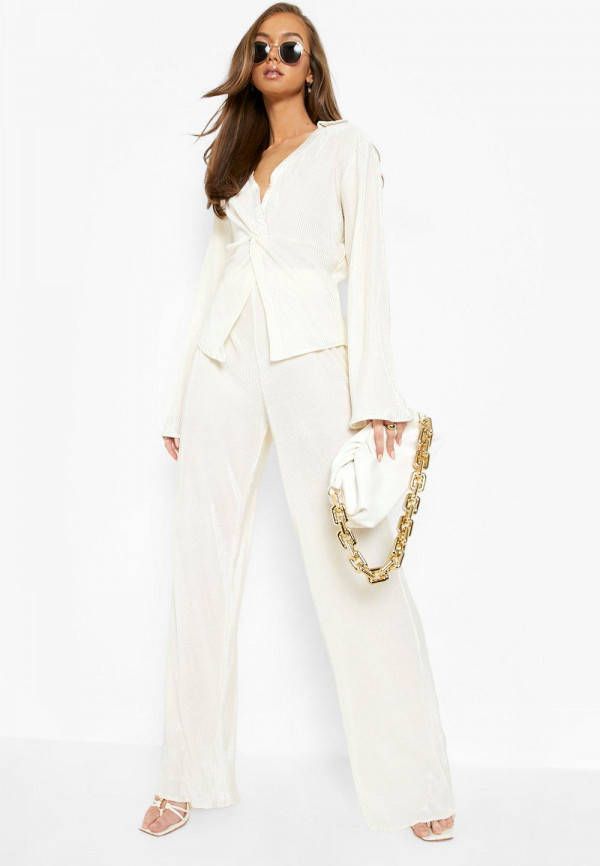boohoo Premium Plisse Wide Leg Broek, Ivory