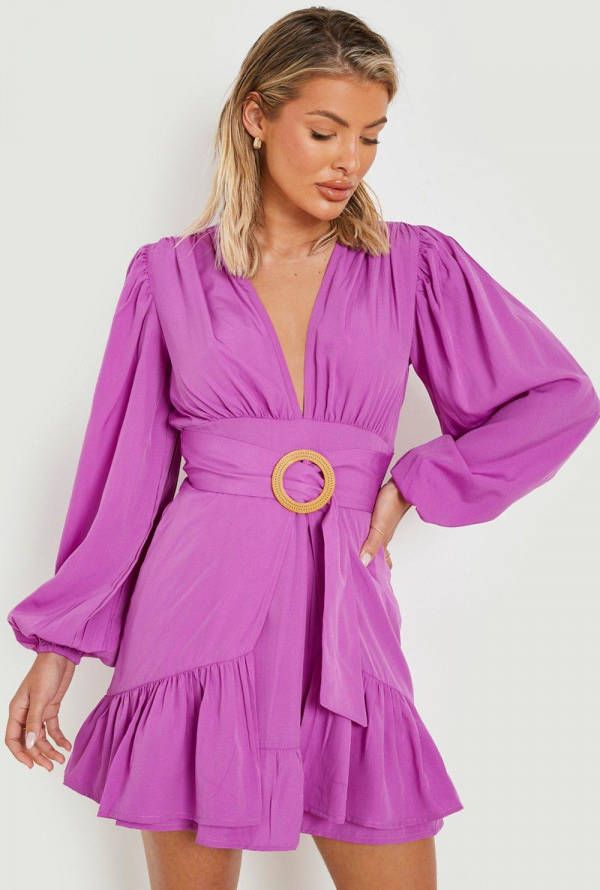 boohoo Raffia Skater Strand Jurk Met Ceintuur En Gesp, Purple