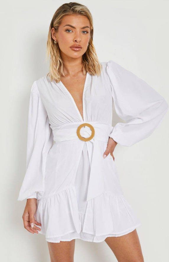 boohoo Raffia Skater Strand Jurk Met Ceintuur En Gesp, White