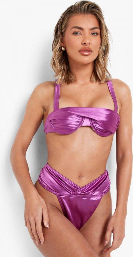 boohoo Satijnen High Waist Bikini Broekje Met Taille Detail, Purple