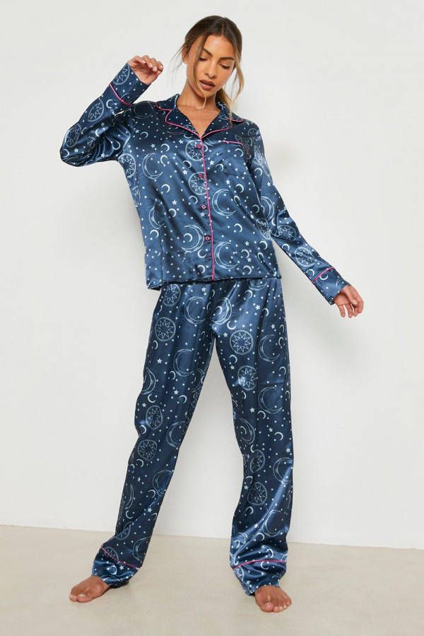 boohoo Satijnen Horoscoop Pyjama Set Met Broek, Navy