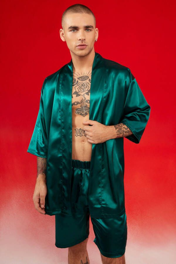 boohoo Satijnen Kimono Badjas En Shorts Lounge Set, Teal
