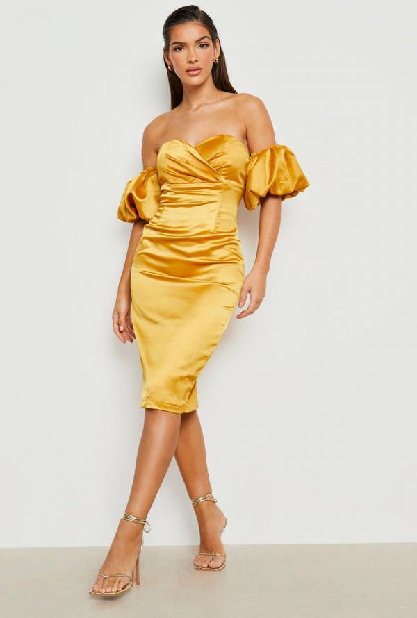 boohoo Satijnen Off Shoulder Midi Jurk Met Structuur, Mustard
