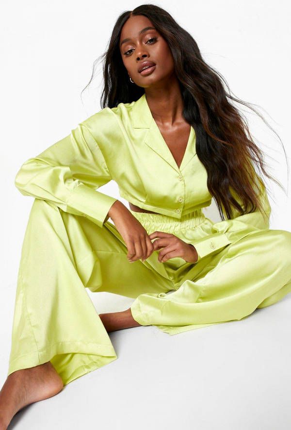 boohoo Satijnen Palazzo Strand Broek Met Grote Taille Band, Lime