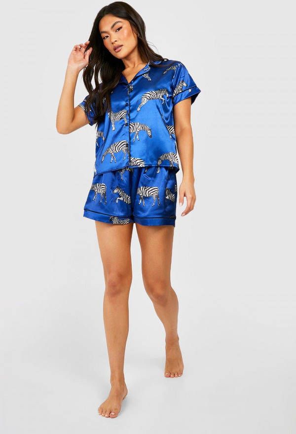 boohoo Satijnen Zebraprint Pyjama Set Met Shorts, Navy