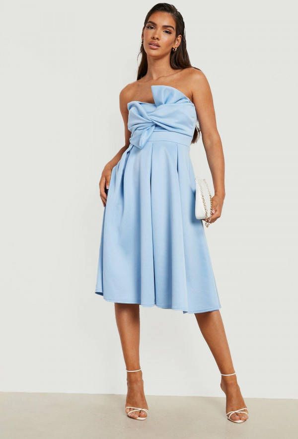 boohoo Scuba Bandeau Midi Skater Jurk Met Strik, Baby Blue