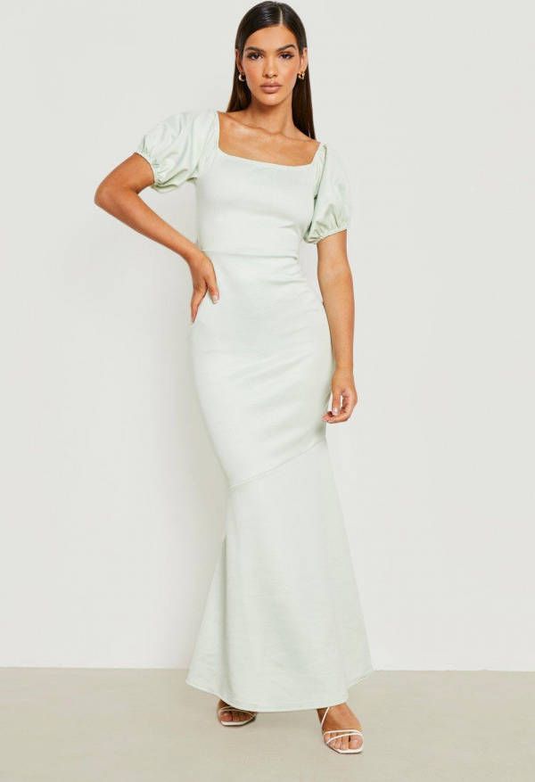 boohoo Scuba Off Shoulder Maxi Jurk Met Pofmouwen, Mint