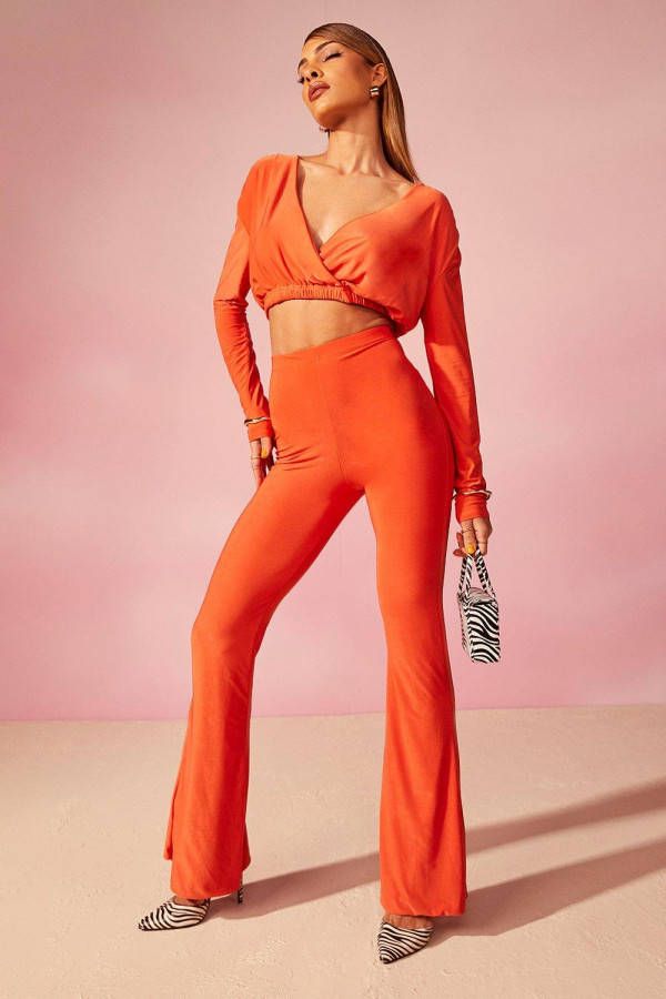 boohoo Strakke Crop Top Met Laag Decolleté, En Wide Leg Broek, Orange