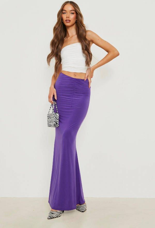 boohoo Strakke Geplooide Maxi Rok Met Langere Achter Zoom, Purple