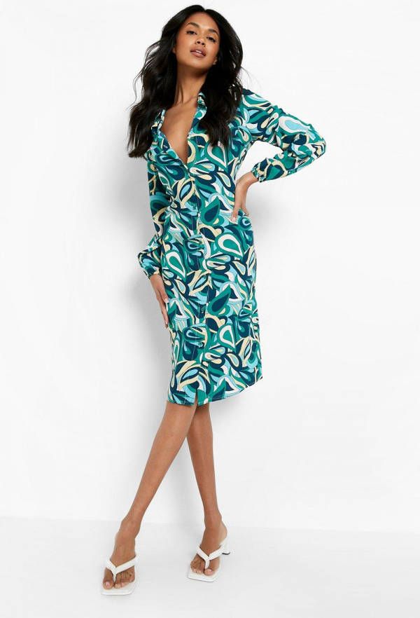 boohoo Swirl Print Midi Blouse Jurk, Blue