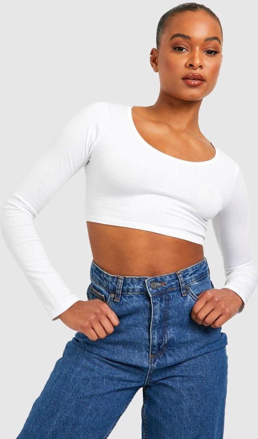 boohoo Tall Basic Gemengd Katoenen Met Lage Ronde Hals Met Lange Mouwen Crop Top, White