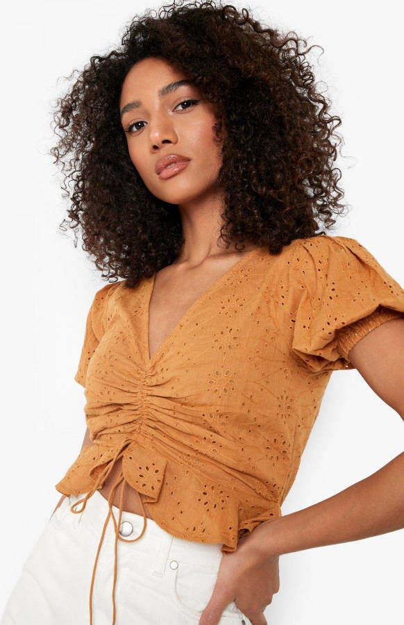 boohoo Tall Broderie Top Met Ruches, Tan