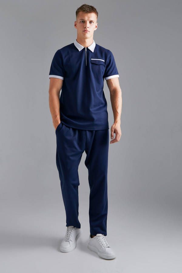 boohoo Tall Contrasterende Slim Fit Polo En Toelopende Joggingbroek Set, Navy