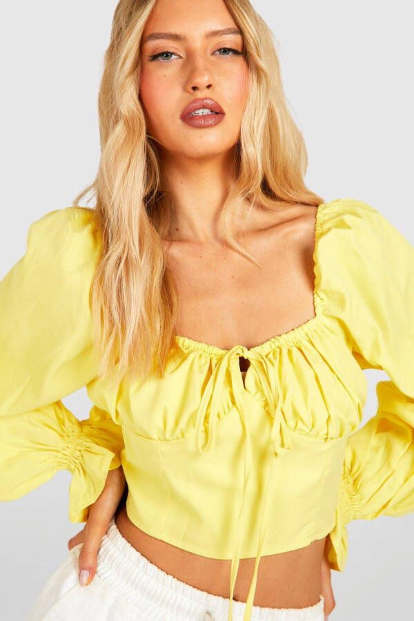 boohoo Tall Crop Corset Top Met Strik En Lange Mouwen, Lemon