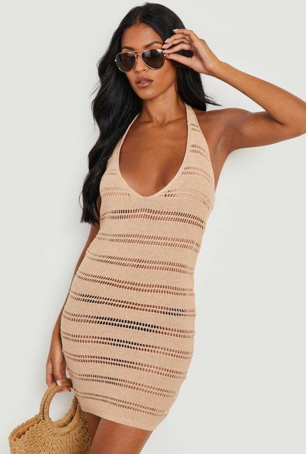 boohoo Tall Gehaakte Halter Strand Jurk, Camel
