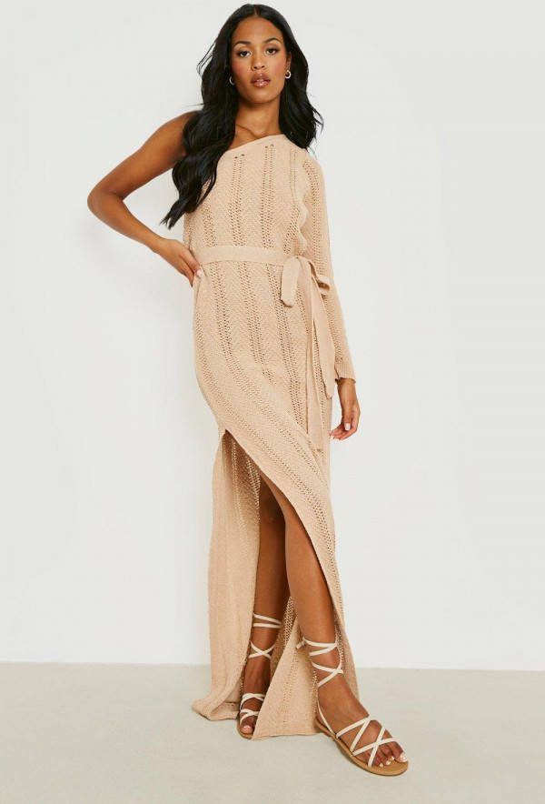 boohoo Tall Gehaakte Maxi Strand Jurk Met Eé, n Mouw, Camel