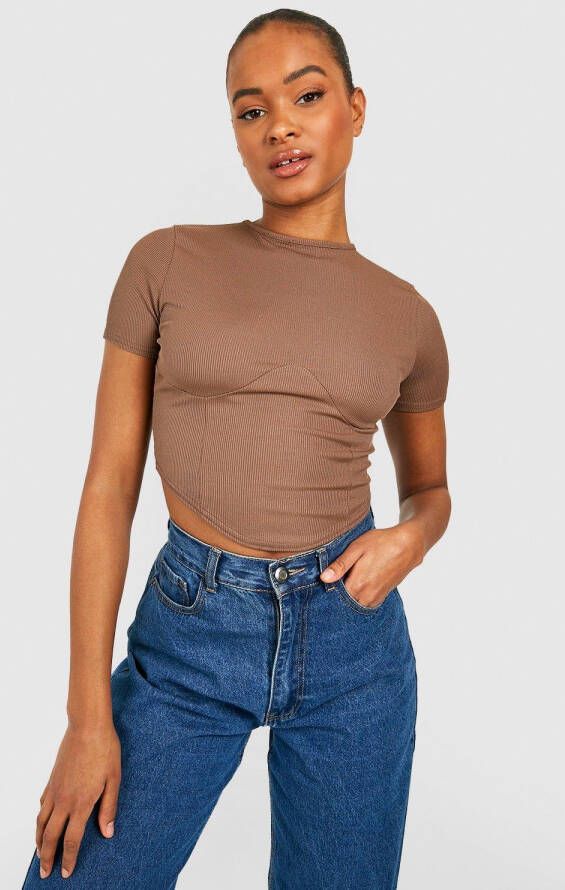 boohoo Tall Geribbelde Crop Top Met Crewneck En Korset Detail, Chocolate
