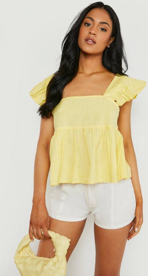 boohoo Tall Gesmokte Top Met Geplooide Mouwen, Lemon