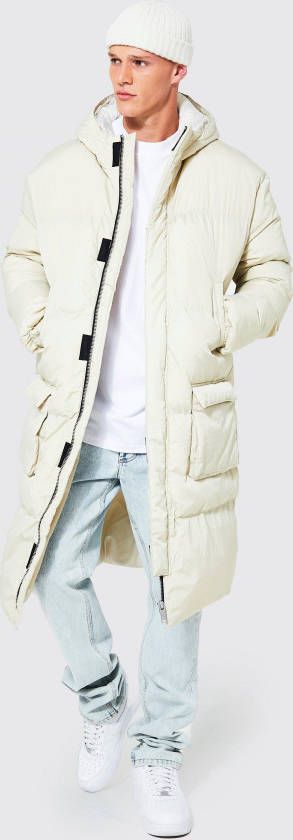boohoo Tall Gewatteerde Long Line Jas Met 4 Zakken En Capuchon, Ecru