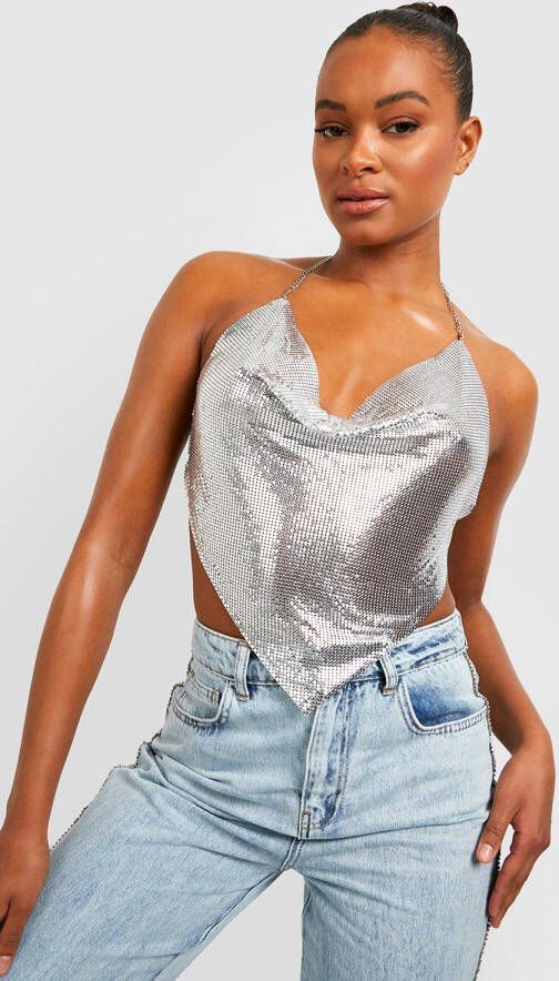 boohoo Tall Jaren '90 Mali&#xEB, nkolder Hemdje Met Losse Col, Silver