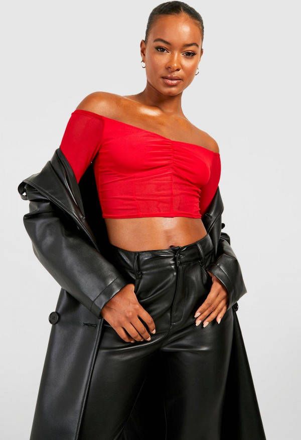 boohoo Tall Mesh Off Shoulder Korset Top, Red