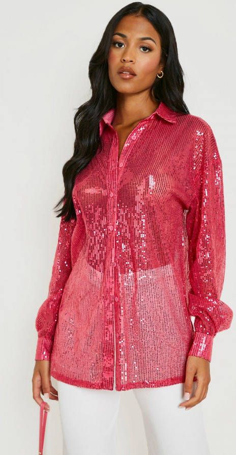 boohoo Tall Oversized Doorschijnende Glitter Blouse Met Pailletten, Fuchsia