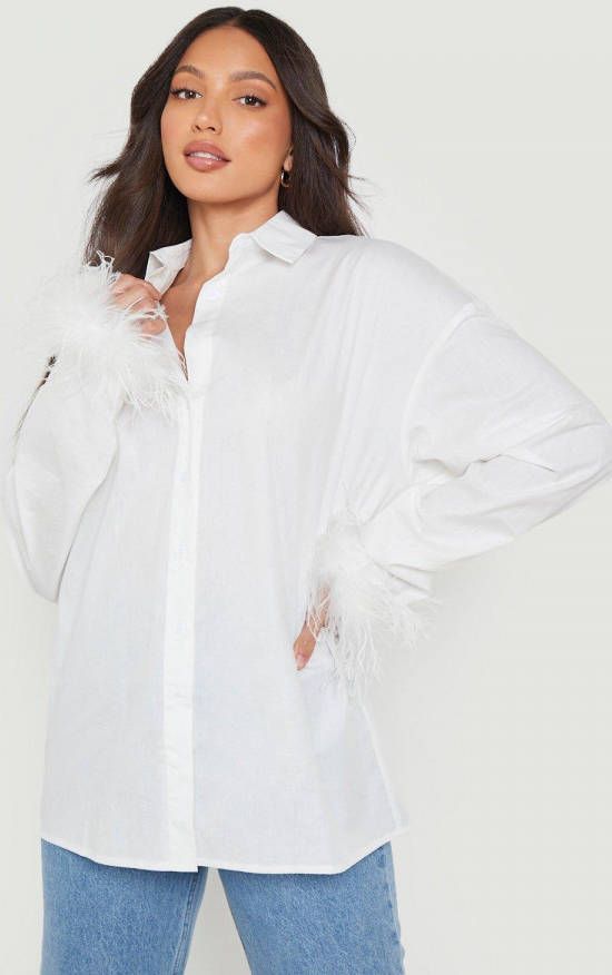 boohoo Tall Poplin Blouse Met Veren, White