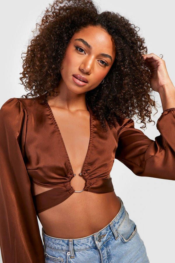 boohoo Tall Satijnen Wikkel Crop Top Met Ballonmouwen En Ceintuur, Chocolate
