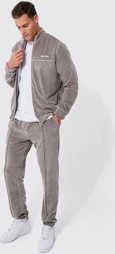 boohoo Tall Velours Trainingspak Met Hoge Kraag En Rits, Light Grey