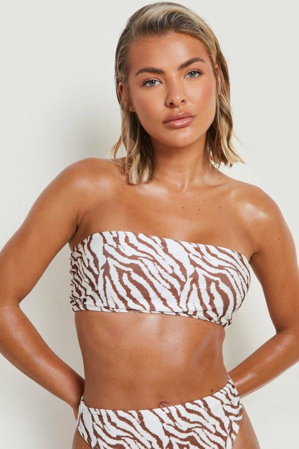 boohoo Tijgerprint Bandeau Bikini Top, Cream