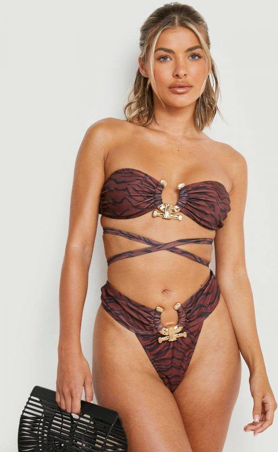 boohoo Tijgerprint Bandeau Bikini Top Met Gouden Zoom En Strik, Chocolate