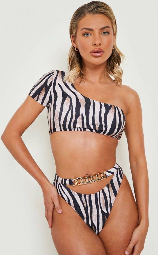 boohoo Tijgerprint Cut Out Bikini Broekje Met Kettingprint Zoomopdruk, Stone