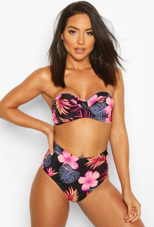 boohoo Tropische Bloemenprint Bikini Met Beugel En Hoge Taille, Zwart