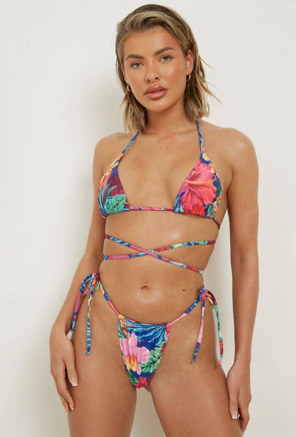 boohoo Tropische Driehoekige Bikini Top Met Ceintuur, Blue