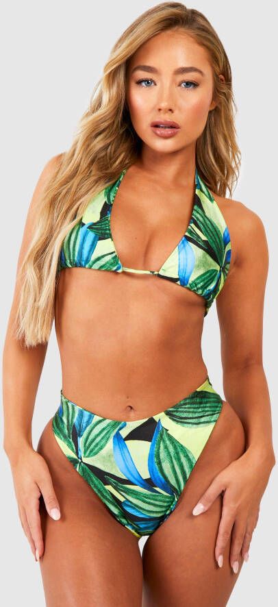 boohoo Tropische Driehoekige High Waist Bikini Set, Bright Green