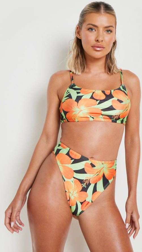 boohoo Tropische Neon Bikini Top Met Lage Ronde Hals, Neon Green
