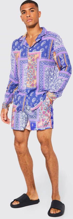 boohoo Viscose Overhemd Met Revers Kraag En Patches En Zwembroek Set, Purple
