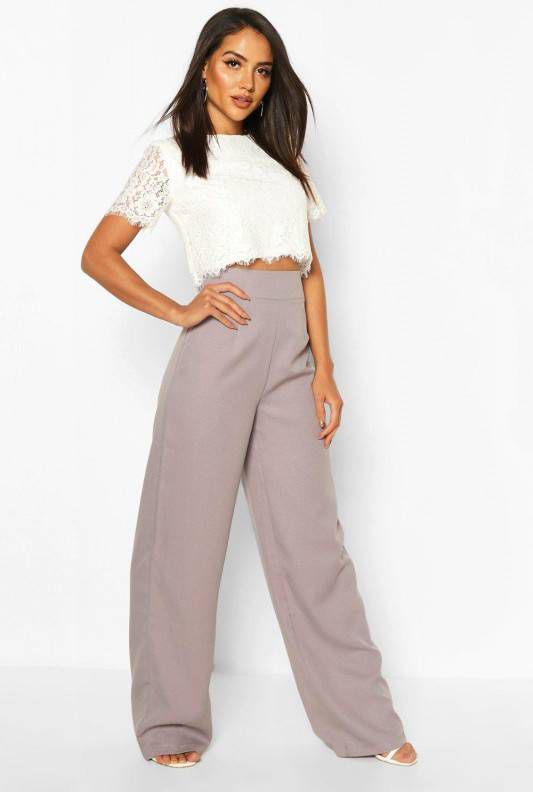boohoo Geweven Kanten Top En Pantalons Set, Grijs