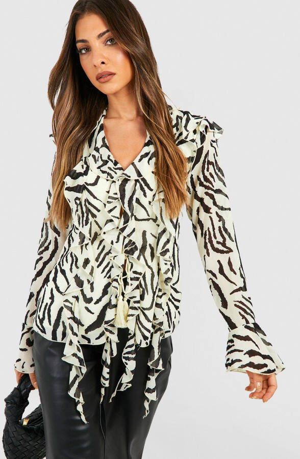 boohoo Zebraprint Boho Top Met Ruches, Ecru