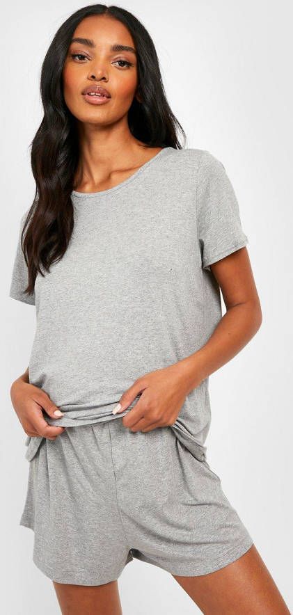 boohoo Zwangerschap Pyjama Set Met Shorts En Lettuce Edge, Grey Marl