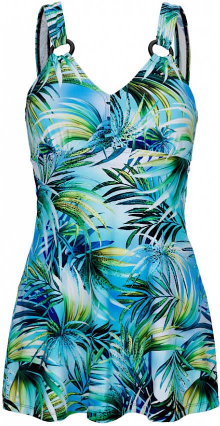maritim Badjurk met modieuze bladerenprint Turquoise/Geel/Groen