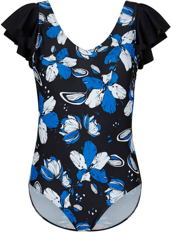 maritim Badpak met ruches aan de bandjes Zwart/Wit/Royal blue