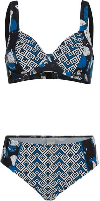 maritim Bikini met een modieuze patronenmix Zwart/Wit/Royal blue